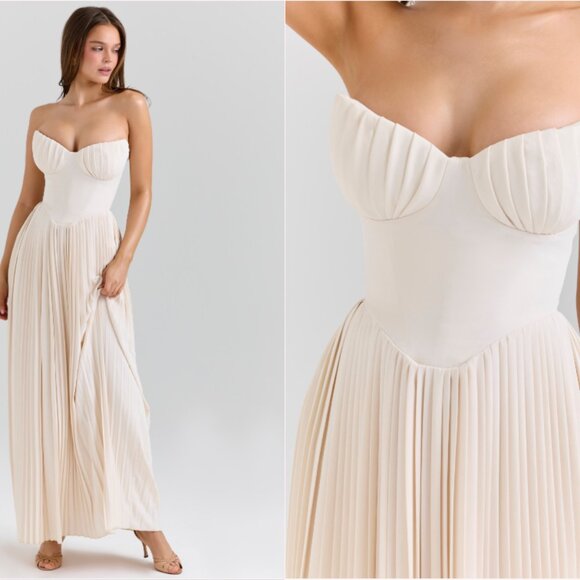 HOUSE OF CB 'Marcella' Ivory Georgette Pleated Maxi Dress NWOT - Picture 3 of 6